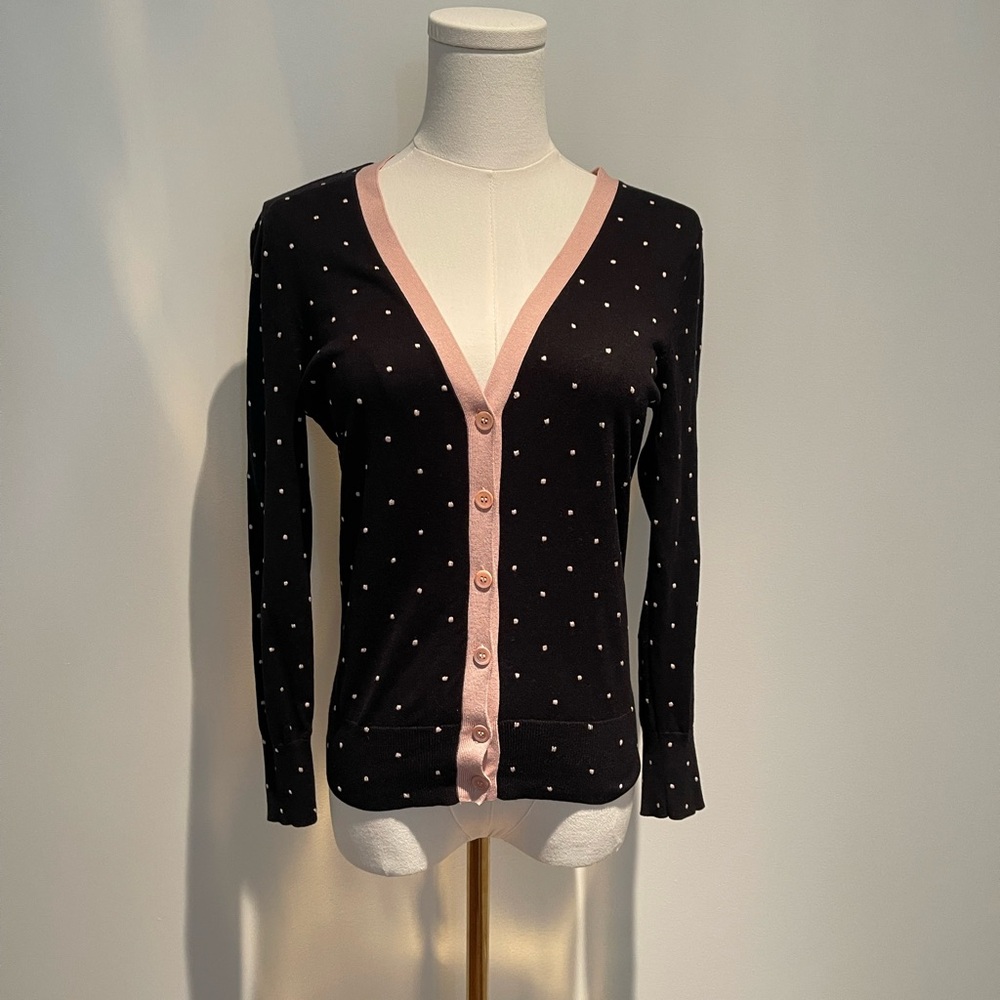 BCBG Black and Pink Polka Dot Cardigan Sweater silk and cotton size S